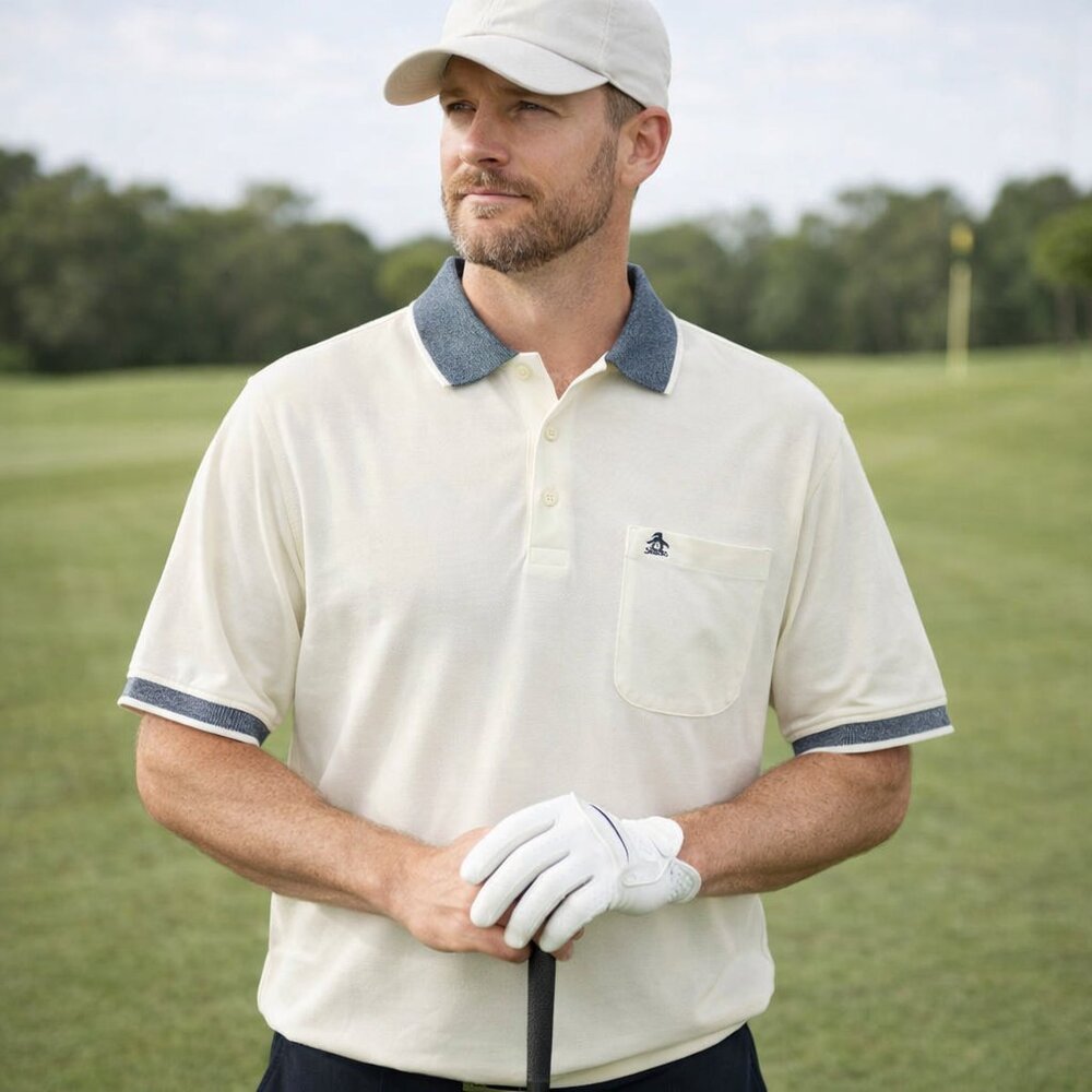 Penguin Grand Slam Polo Shirt Men’s Large Cream Short Sleeve Golf Shirt